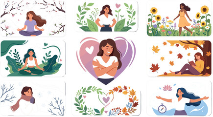 Fototapeta premium Flat Vector Mental Health and Self Care Illustration Set Featuring Diverse Women Meditating, Embracing Themselves, Connecting with Nature, and Practicing Mindfulness Exercises