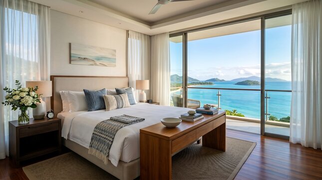 Luxury Hotel Suite Bedroom Ocean View Floor Ceiling Window Morning Light White Linen