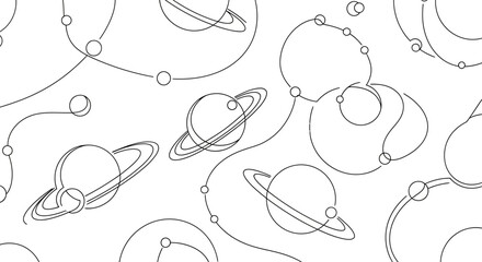 Abstract continuous line drawing of planets with rings and orbiting dots, seamless pattern © Kaleng
