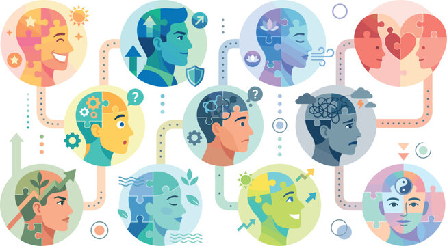 Flat Vector Mental Health Infographic Illustration Set with Conceptual Male Profile Avatars for Psychology, Emotional Intelligence, Mindfulness, Therapy, and Cognitive Development