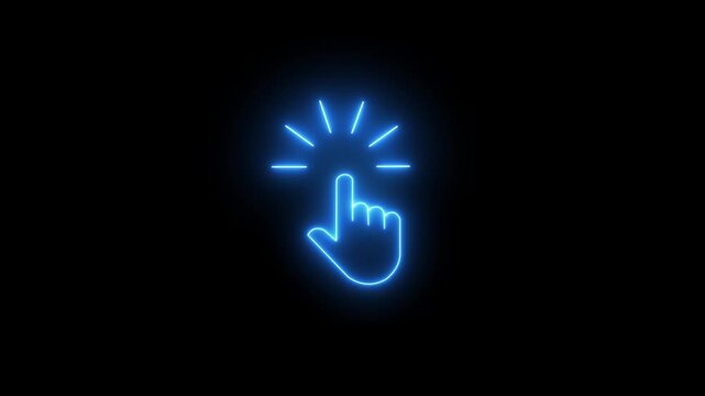 Neon blue glowing hand cursor clicking animation on black background, for ui ux, pointer