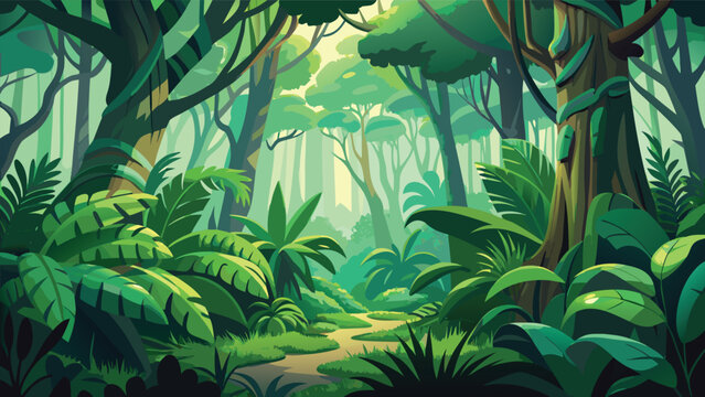 Lush jungle path bathed in dappled sunlight during a vibrant green forest exploration
