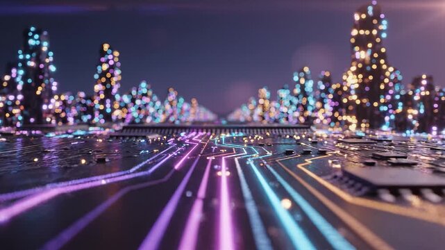 Futuristic Digital Data Highway with Glowing Neon Light Trails Flowing Through Smart City Network Representing High Speed Connectivity and Technology Innovation.