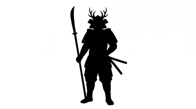 Black silhouette of a japanese samurai warrior holding a polearm weapon
