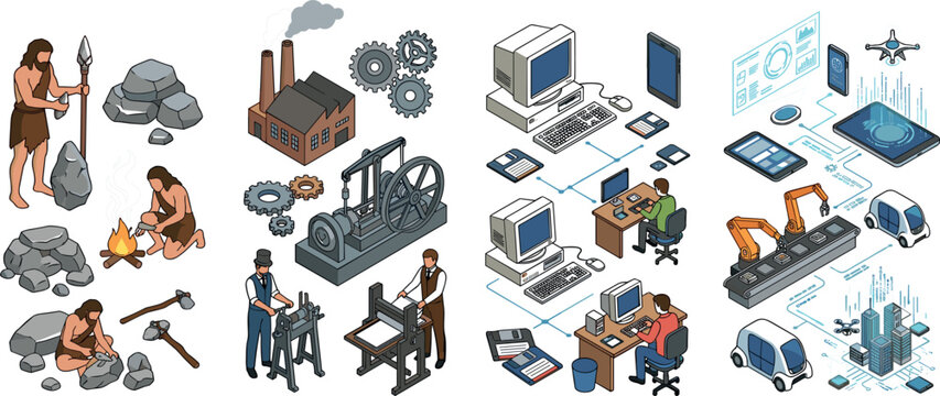 Isometric Human Evolution and Technological Progress Vector Set from Stone Age Cavemen to Industrial Revolution, Computer Age, and Future Automation