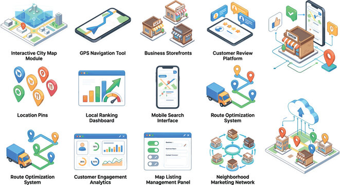 Isometric Local Business Marketing and Navigation Vector Icon Set with Maps, Route Optimization, Mobile Apps, Dashboards, and Location Pins Graphics
