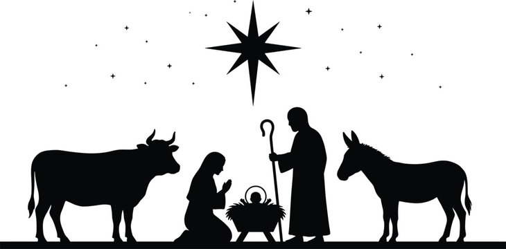 Nativity scene black silhouette vector illustration. Holy family, baby Jesus, Mary, Joseph, Bethlehem star, ox, donkey, manger, shepherd and starry night background.