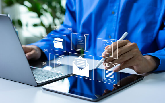 Businessman checking for email procurement contracts, supplier documents, invoices, and approval workflows for supply chain management and compliance.