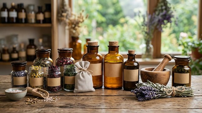 Herbal Apothecary with Dried Herbs and Amber Glass Bottles on Wooden Table