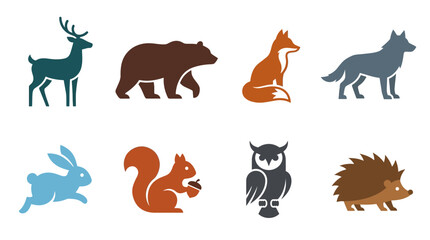 Flat minimal vector icon set of forest animals (deer, bear, fox, wolf, rabbit, squirrel, owl, hedgehog), clean bold silhouettes, balanced geometry