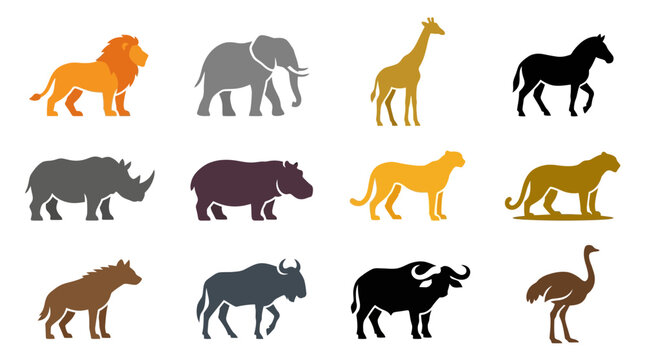 Premium flat minimal vector icon set of 12 safari animals: lion, elephant, giraffe, zebra, rhinoceros, hippopotamus, cheetah, leopard, hyena, wildebeest, buffalo, ostrich. Bold silhouettes, unified 