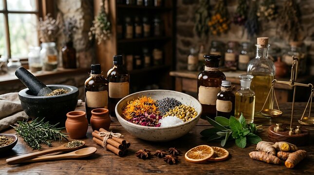 Rustic apothecary table with mortar, medicinal herbs, dried flowers and essential oils