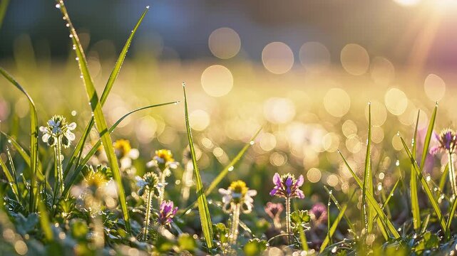 Beautiful Spring Meadow with Wild Flowers and Fresh Green Grass in Golden Sunlight Nature Macro Background Footage.
