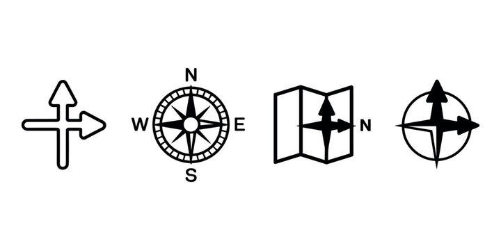 Black and white navigation with compass and map navigation compass direction 1 arrows signs  in white background