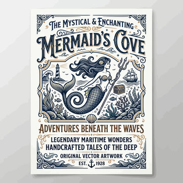 Mystical Mermaid Cove Vintage Poster Art - Nautical Adventure Design