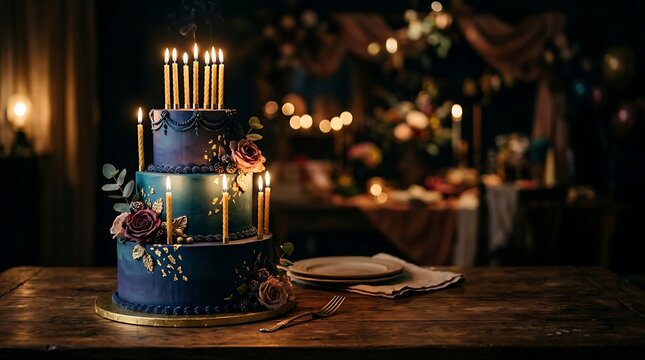 Elegant three-tiered dark blue birthday cake with gold leaf and candles on wooden table