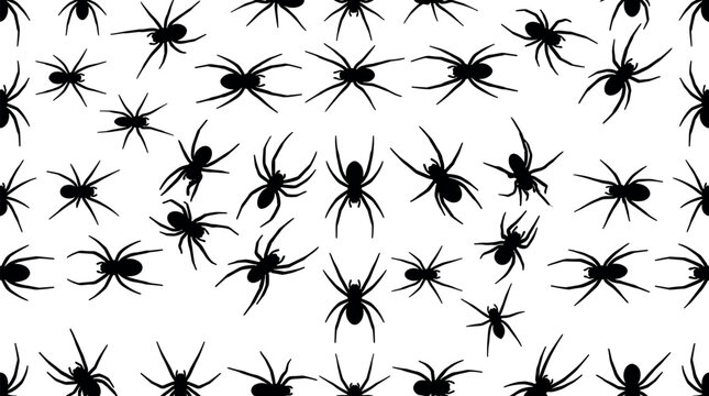 Seamless background pattern vector illustration packed with realistic crawling black spider silhouettes for Halloween decoration and spooky thematic backdrops.