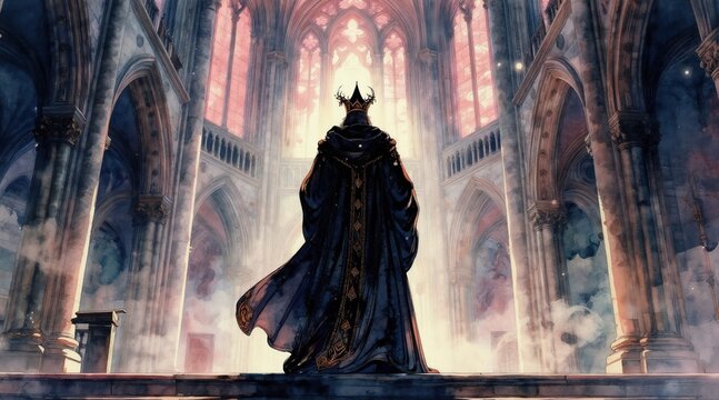 Wizard in dark robe with crown stands in grand cathedral. Light shines through stained glass windows. Mystical character poses before ornate architecture. King or sorcerer in regal attire.