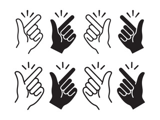 Fototapeta premium Finger snap icon snapping hand gesture vector set, easy click quick idea click and instant rhythm concept collection featuring linear outline and solid black graphic symbols
