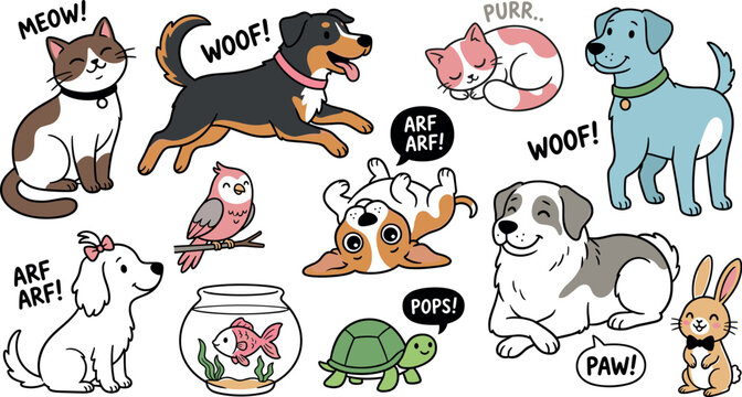 Collection of cute domestic pets comic vector illustrations featuring cats dogs a bird fish turtle and rabbit with animal sound texts.