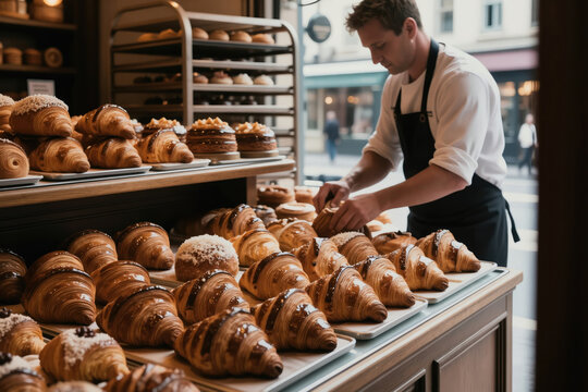 Baker arranges croissants and pastries in shop window. Early morning sun lights up fresh baked goods. Artisan baker works in busy city cafe preparing delicious food.