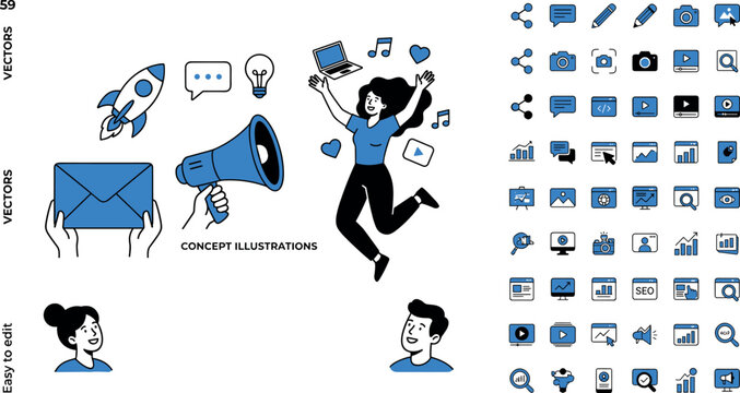 Social media marketing vector illustrations bundle featuring flat outline characters megaphone rocket envelope and a large collection of business web icons.
