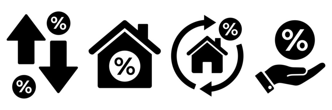 Mortgage rate, real estate finance, and loan interest percentage icon set