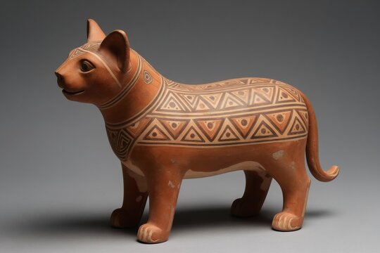 Ceramic animal sculpture with geometric patterns. Ancient Chancay culture pottery from Peru. This terracotta artwork shows a feline figure with intricate designs. Historical artifact.