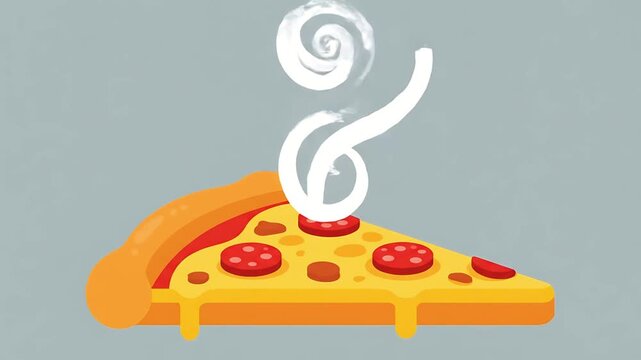 Minimalist 2D flat animation of a steaming hot pepperoni pizza slice with melting cheese