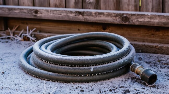Frozen garden hose lies on snowy ground near wooden fence. Outdoor equipment shows frost and icicles from winter cold. Time for winterizing yard tools for colder seasons.