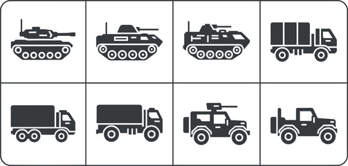 Military vehicle silhouette vector collection with tanks cargo trucks and armored jeep icons for defense transport design © MDNUR