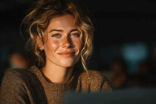 woman with freckles smiling warmly