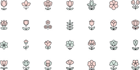 Obraz premium Minimal Flower Icon Set With Pastel Botanical Blossoms Simple Line Stems And Decorative Garden Floral Vector Illustration