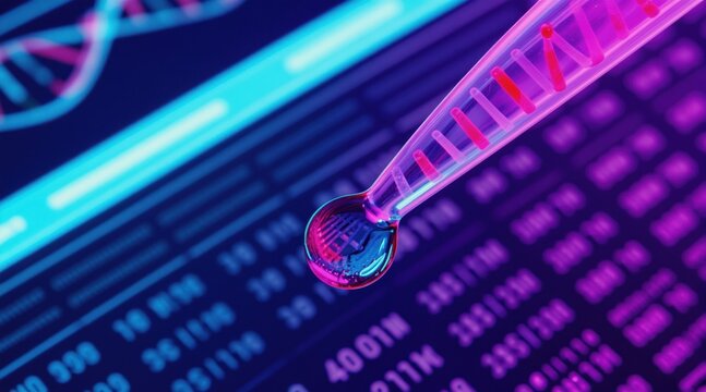 Pipette with DNA droplet over digital data screen showing genetic sequence. Futuristic lab equipment analyzes biological code for science and medical research.