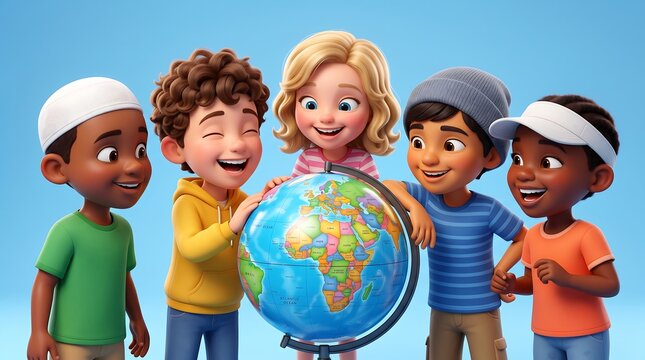 World Population Day 3D cartoon illustration of a group of diverse happy children standing together and looking at a large desk globe against a solid blue background.