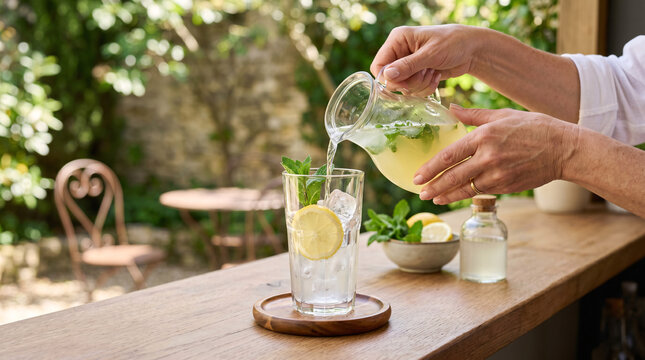 Versement d&rsquo;une boisson citronn&eacute;e dans un verre