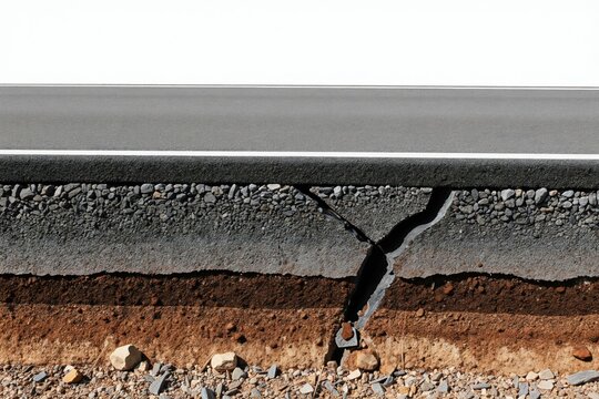 Road cross section shows asphalt layers and fractured surface. Subsoil strata exposed below damaged pavement. Represents construction, damage, and repair needs.