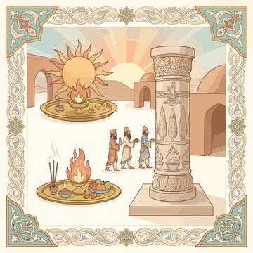 Ancient Zoroastrian Fire Temple Rituals Scene.