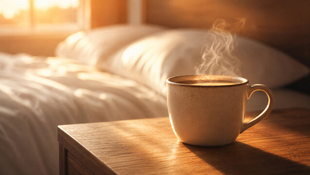 Steaming coffee cup on a wooden nightstand next to a bed. Cozy morning in bedroom with warm sunlight