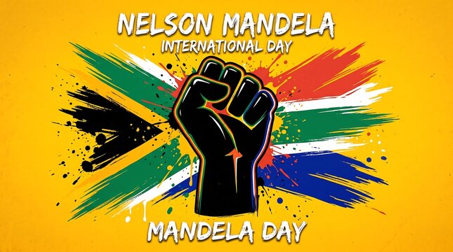 Nelson Mandela International Day poster featuring a strong black power fist over a dynamic brush stroke South African flag on a vibrant yellow textured background.