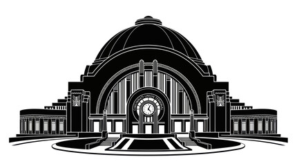 Art Deco Grand Building Facade with Dome and Clock Tower, Stylized Silhouette © cicok