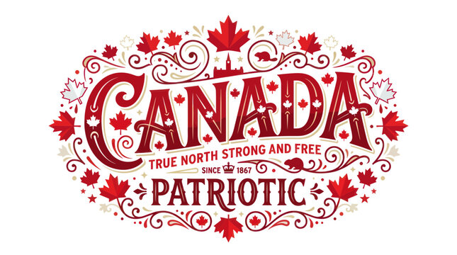 Canada Patriotic Design with Maple Leaves and Beaver, True North Strong and Free