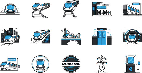 Modern train transport icon set with high speed railway metro station monorail symbols in clean flat outline style for web and app design © MDNUR