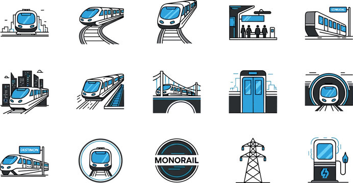 Modern train transport icon set with high speed railway metro station monorail symbols in clean flat outline style for web and app design