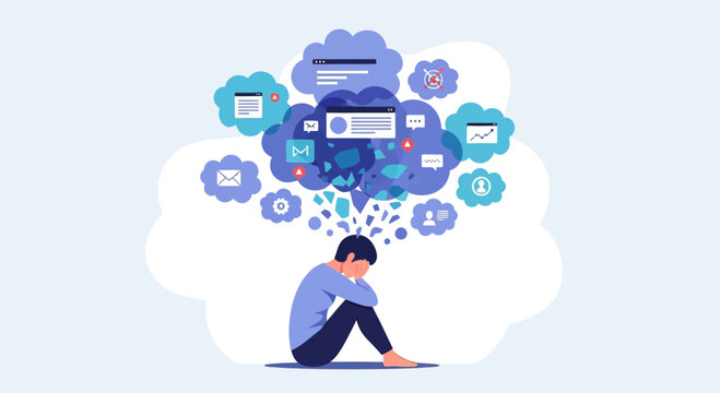Overwhelmed by Digital Information and Stress, Person Sitting Alone