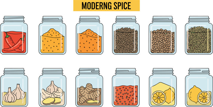 Modern Spice Jar Collection With Chili, Garlic, Ginger, Lemon, Pepper, Seeds, and Seasoning Vector Illustration