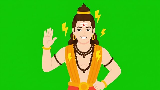 Animated Indian Deity Character Waving Hand with Lightning Bolts on Green Screen