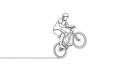 Naklejka premium One Line Drawing: Cyclist Performing a Wheelie on Bicycle
