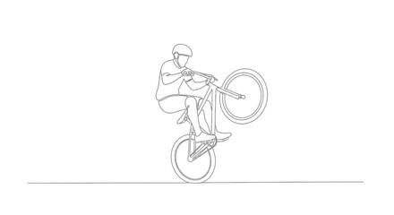 Naklejka premium BMX rider performing a wheelie on a bicycle, single line drawing, sports lifestyle