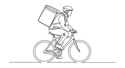 Cyclist Delivery Driver with Backpack, One Line Art, Food Courier on Bicycle © Wesi